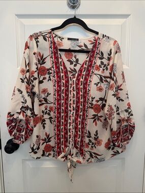 West Kei Cream Floral Tie-Front Blouse with Red, Orange, White & GreenAccents